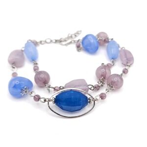 Double Strand Blue Lavender Bead Bracelet Silver Tone Adjustable